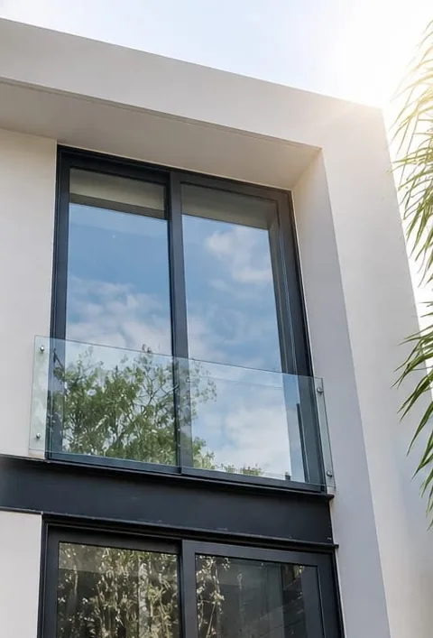Vivienda blanca con ventanería de aluminio negro y barandal de cristal
